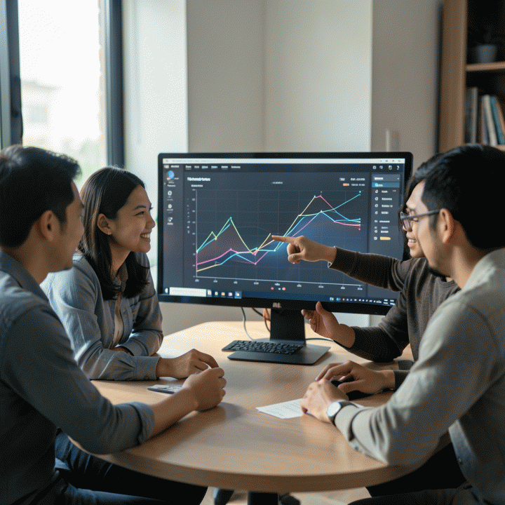 Kelompok pemasar digital Indonesia berkolaborasi menganalisis data kinerja iklan di layar besar, menunjukkan strategi yang terarah.
