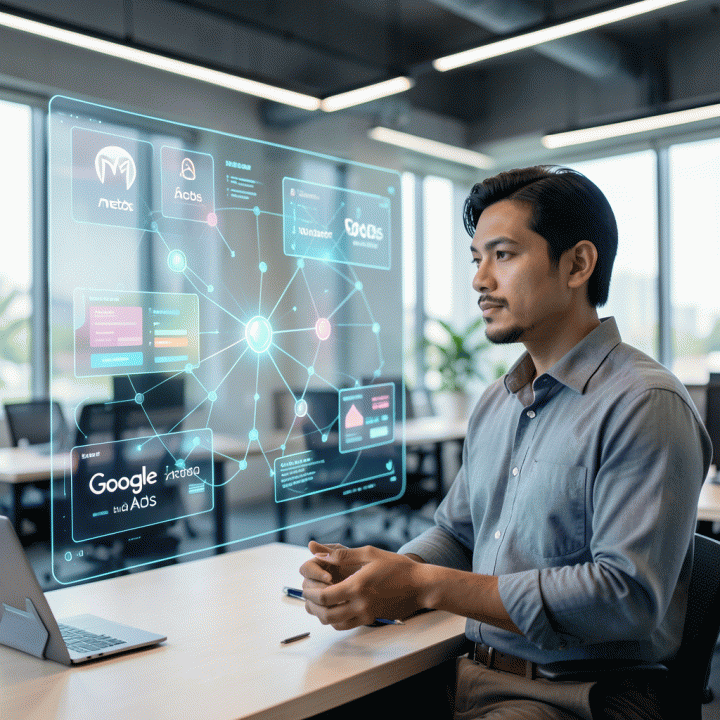 Seorang pemasar digital profesional di ruang kerja modern sedang berinteraksi dengan antarmuka AI holografik yang menampilkan data dan konsep iklan Meta dan Google Ads, melambangkan adaptasi pemasaran di era kecerdasan buatan.