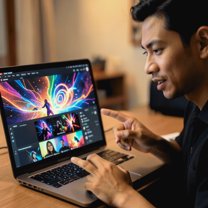 Seorang content creator sedang berinteraksi dengan laptop yang menampilkan desain thumbnail YouTube yang menarik, menunjukkan kemudahan penggunaan AI.