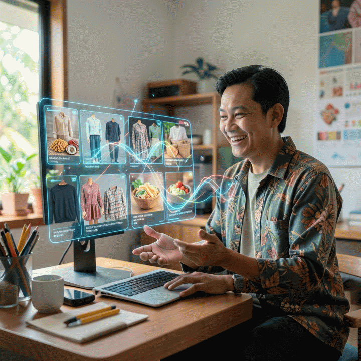 Seorang pemilik UMKM Indonesia yang tersenyum menggunakan antarmuka AI holografik yang menampilkan berbagai variasi konten iklan produk yang berkualitas tinggi, melambangkan kemudahan pemasaran digital.