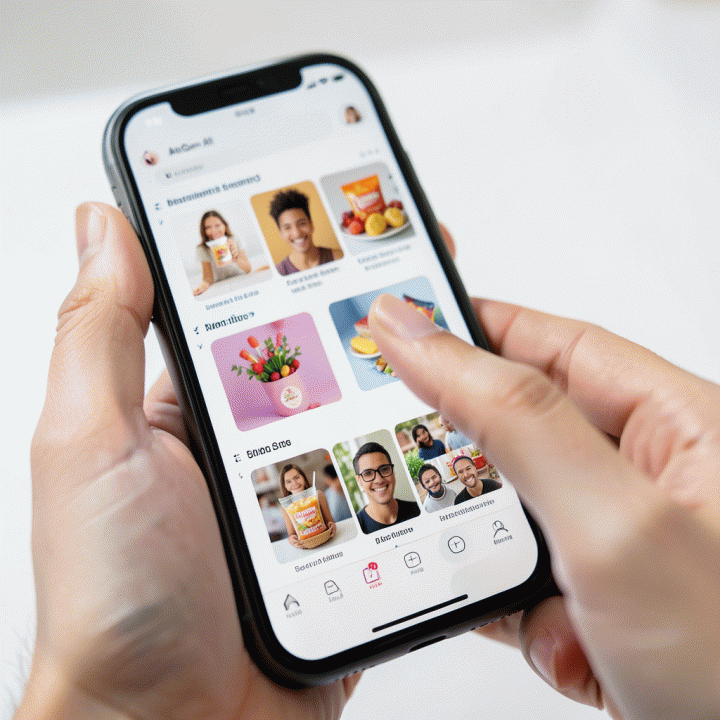 Tampilan detail antarmuka pengguna di smartphone yang menunjukkan proses dan variasi tinggi dalam pembuatan konten iklan menggunakan AI, fokus pada kemudahan penggunaan.