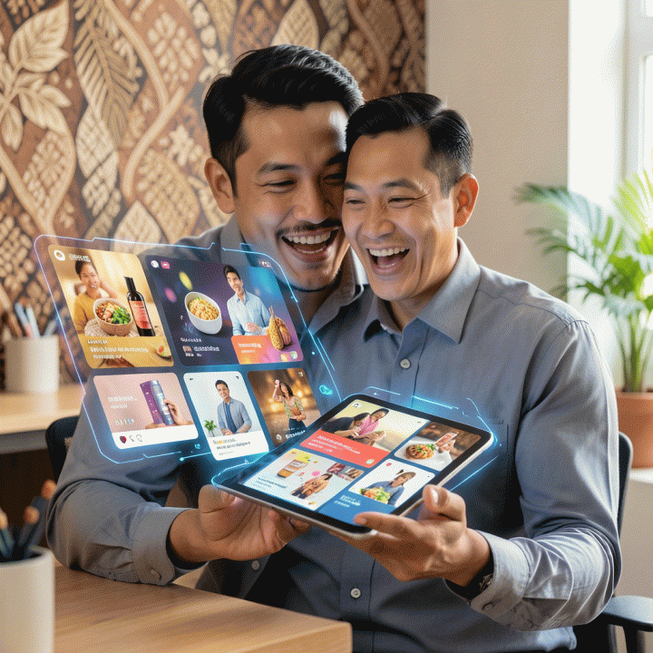 Seorang pengusaha Indonesia modern menggunakan tablet futuristik yang menampilkan berbagai variasi konten iklan visual yang dihasilkan AI, menunjukkan kemudahan dan efisiensi dalam pemasaran digital.
