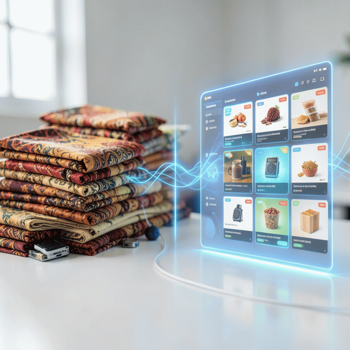 Konsep visual yang menunjukkan bagaimana AdGen AI menghubungkan produk fisik UMKM dengan konten iklan digital yang variatif dan optimal.