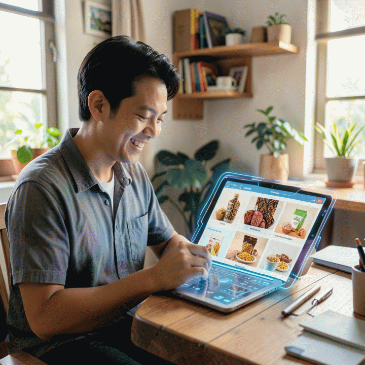 Seorang pemilik UMKM Indonesia menggunakan antarmuka holografik futuristik di tablet untuk secara mudah menghasilkan berbagai variasi konten iklan visual produk mereka menggunakan AI, menciptakan suasana kerja yang cerah dan produktif.