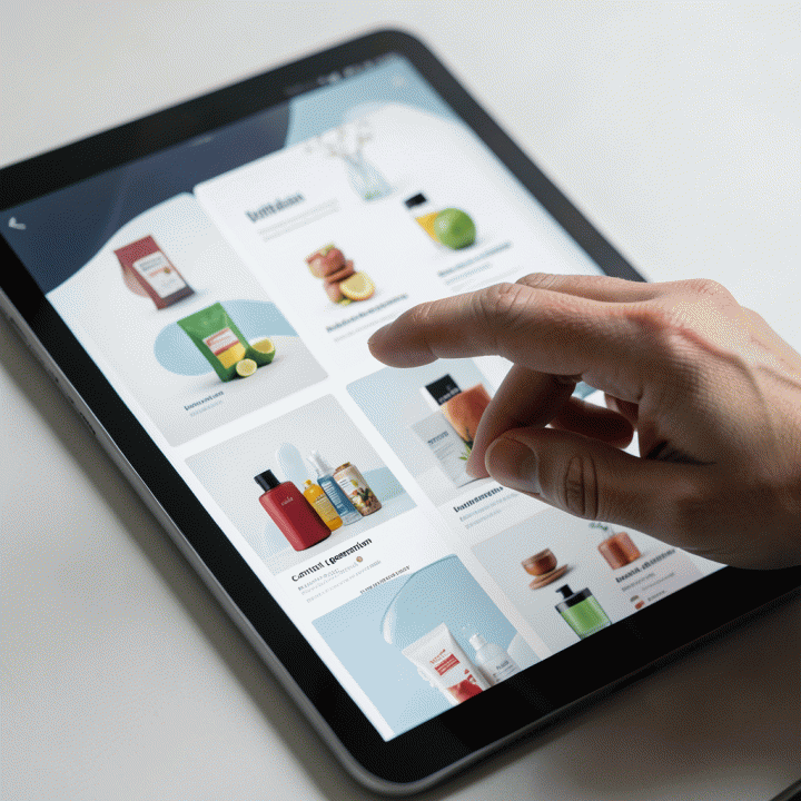 Tangan berinteraksi dengan tablet yang menampilkan berbagai variasi desain mock-up iklan produk yang profesional, menyoroti kemudahan pembuatan konten visual menggunakan AI.