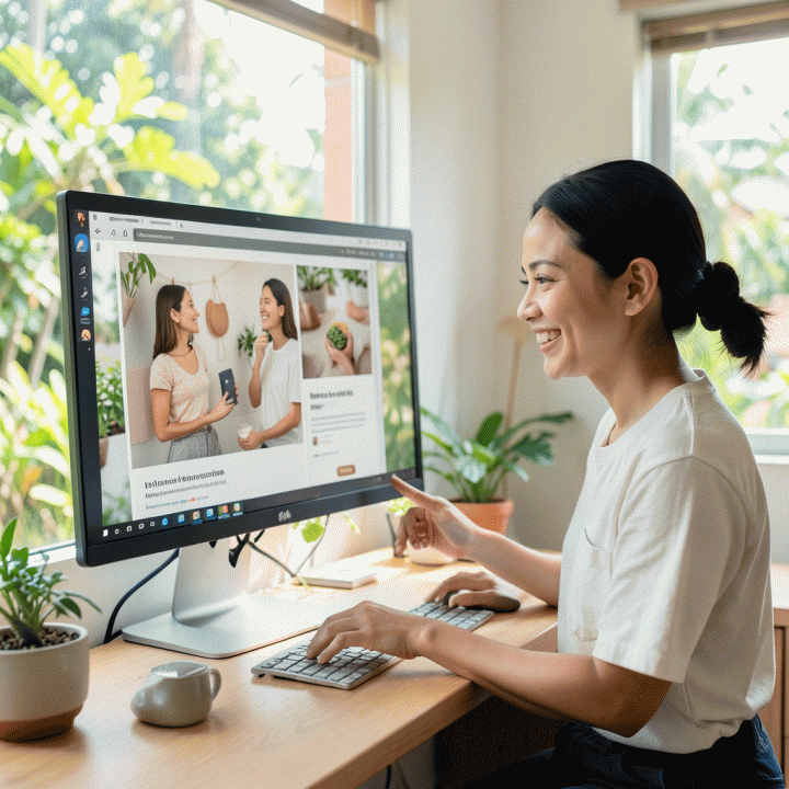 Seorang pemilik UMKM di ruang kerja yang cerah meninjau tampilan visual iklan produk yang dihasilkan secara profesional, menekankan efisiensi dan hasil yang berkualitas.