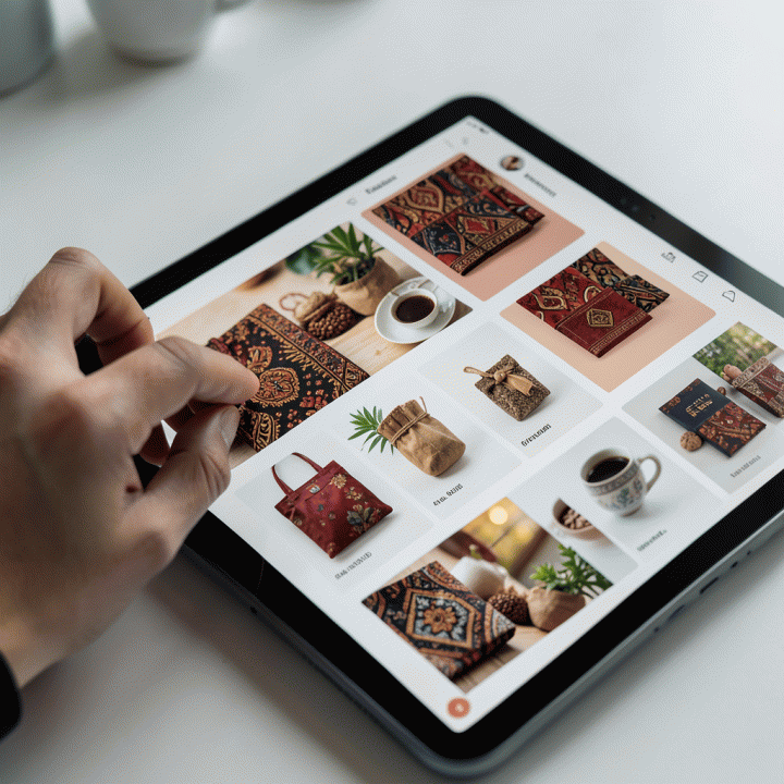 Tangan pengguna berinteraksi dengan tablet AI untuk menghasilkan berbagai variasi mockup iklan produk UMKM secara cepat dan efisien.