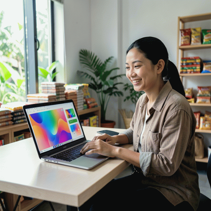 Seorang pemilik UMKM yang tersenyum menggunakan laptop modern di meja kerja minimalis, menunjukkan kemudahan membuat konten iklan digital visual yang menarik menggunakan AI.
