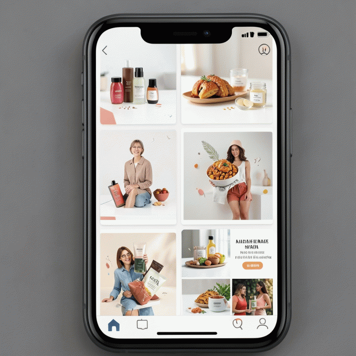 Tampilan antarmuka smartphone yang menunjukkan berbagai variasi konten iklan visual produk UMKM yang dihasilkan AI.