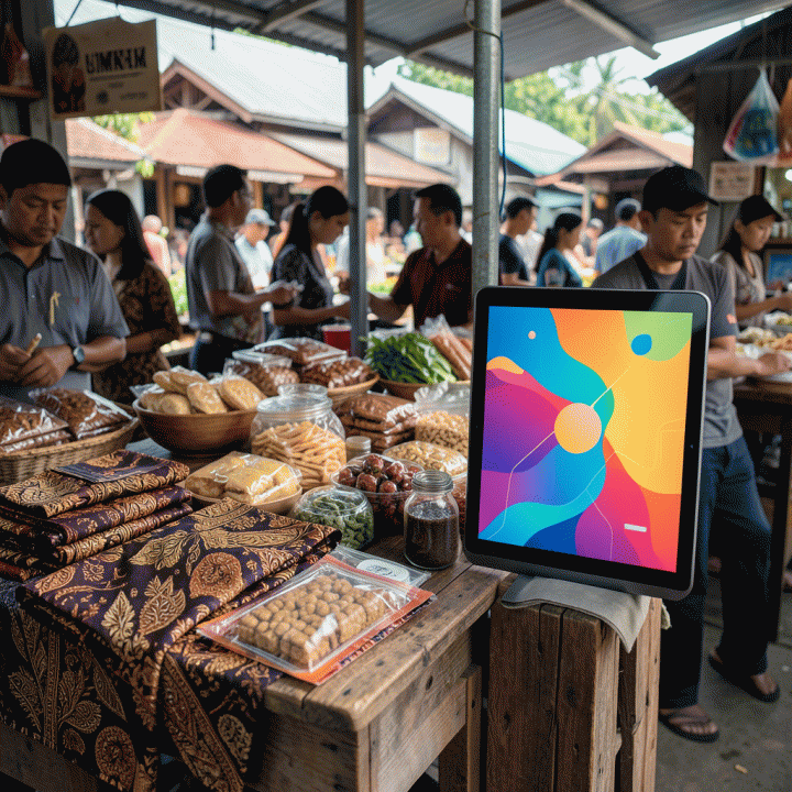 Visualisasi modernisasi pemasaran UMKM Indonesia menggunakan teknologi AI, menampilkan produk lokal yang dipromosikan secara digital.