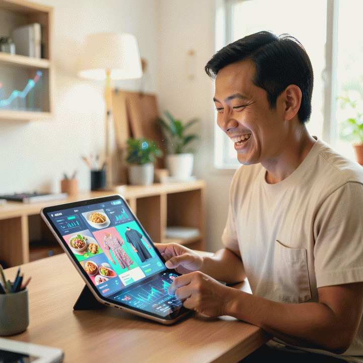 Seorang pemilik UMKM Indonesia tersenyum puas menggunakan tablet AI untuk membuat konten iklan visual profesional yang mudah dan cepat.