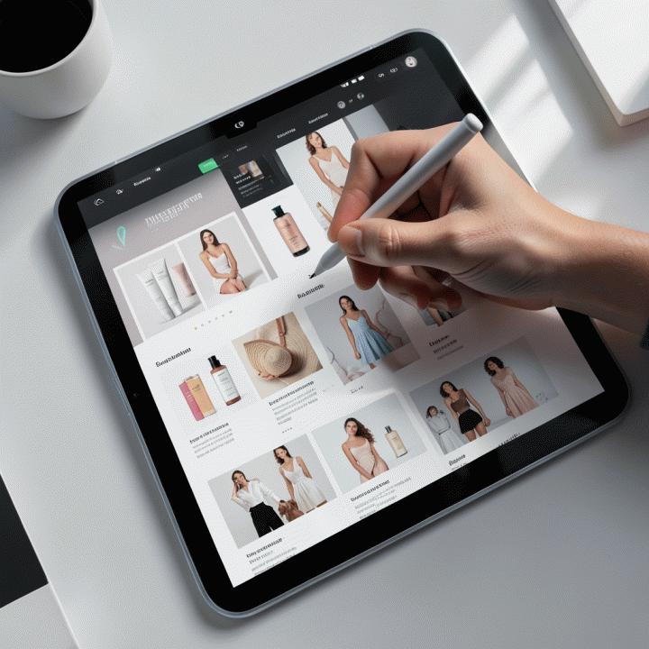 Proses pembuatan variasi konten iklan yang mudah dan cepat menggunakan antarmuka AI di tablet.