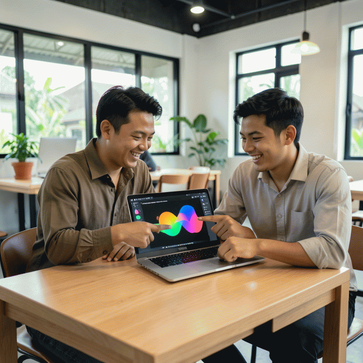 Seorang pemilik UMKM dan profesional muda berkolaborasi menggunakan laptop di co-working space modern, menunjukkan kemudahan dan kecepatan pembuatan konten iklan visual menggunakan AI.