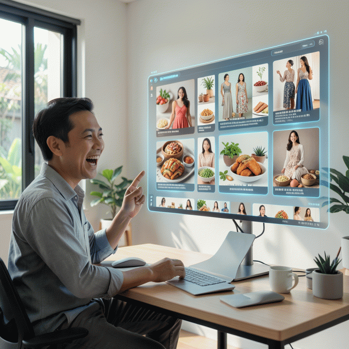 Seorang pemilik UMKM Indonesia di ruang kerja modern melihat berbagai variasi konten iklan digital berkualitas tinggi pada layar holografik futuristik, melambangkan efisiensi dan inovasi pemasaran.