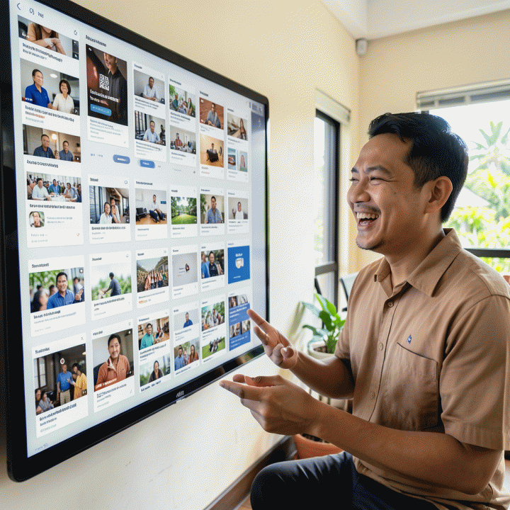 Seorang pemilik UMKM yang terinspirasi melihat berbagai variasi aset iklan berkualitas tinggi yang dihasilkan secara otomatis.
