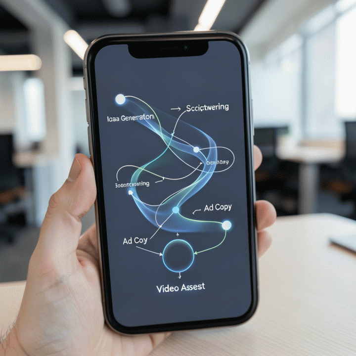 Visualisasi alur kerja konten marketing yang otomatis dan terintegrasi pada layar smartphone, menunjukkan proses dari ide hingga aset iklan.