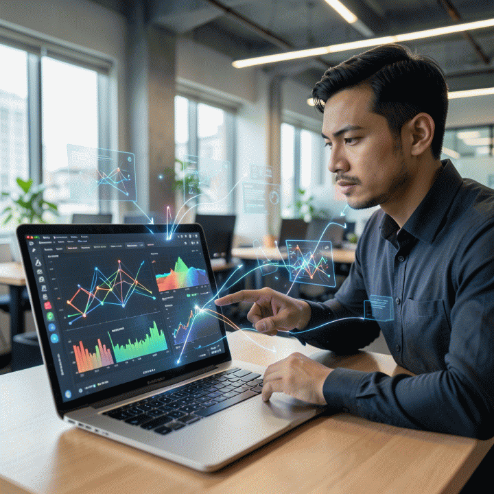 Seorang manajer bisnis di co-working space sedang menganalisis dashboard data kompleks di laptop, menunjukkan proses mengubah data mentah menjadi strategi yang menghasilkan insight berharga.