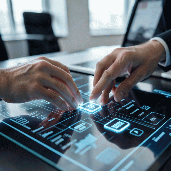 Tangan profesional sedang menyusun dan menghubungkan potongan-potongan data fisik pada meja holografik, melambangkan proses analisis data untuk mendapatkan insight.