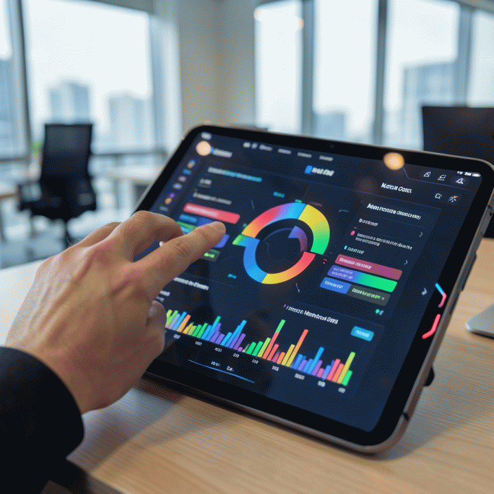 Tangan seorang profesional sedang menganalisis dashboard data iklan kompetitor pada tablet modern, menyoroti celah pasar yang teridentifikasi.