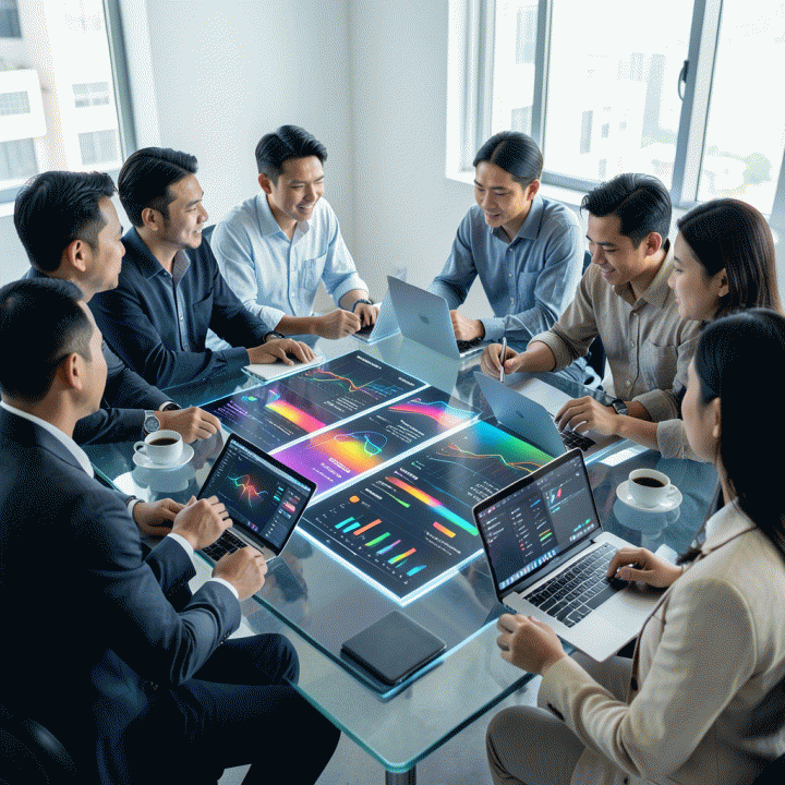 Digital marketing professionals berdiskusi di depan layar sentuh besar yang menampilkan visualisasi data kompleks dan insight kompetitor, menunjukkan proses analisis data iklan.