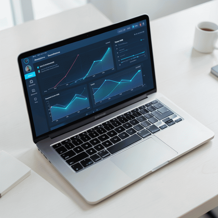 Tampilan antarmuka aplikasi analisis data marketing yang menyajikan tren pasar dan insight strategis yang mudah dipahami.