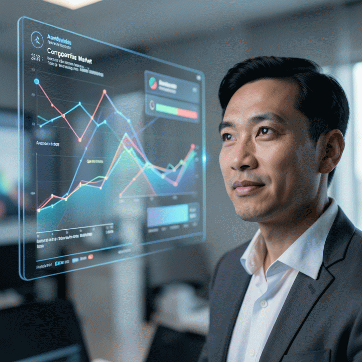 Seorang manajer pemasaran digital yang profesional melihat dengan percaya diri layar interaktif yang menampilkan analisis data kompetitor pasar secara terstruktur, menunjukkan adanya celah strategi di pasar e-commerce.