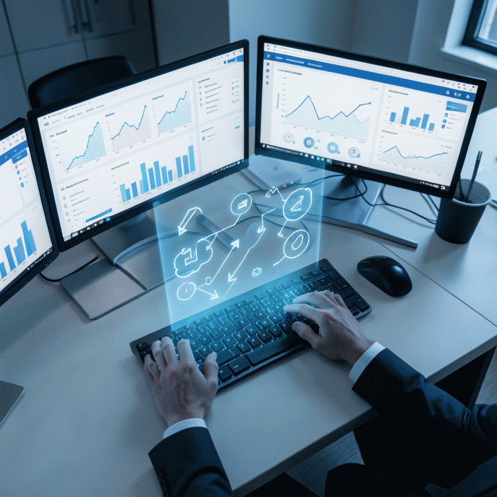 Tampilan overhead yang sinematik dan fotorealistik dari meja kerja kantor modern dengan beberapa monitor tinggi menampilkan visualisasi data kompleks, grafik, dan dashboard strategis. Fokusnya adalah pada transformasi data mentah menjadi strategi bisnis yang jelas melalui antarmuka pengguna futuristik.
