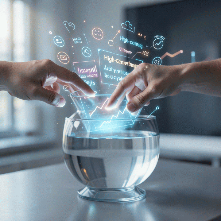 Ilustrasi konseptual yang fotorealistik tentang proses mengubah data pasar yang kompleks menjadi <em>copywriting</em> iklan yang efektif dan berdaya tarik tinggi (high-converting).
