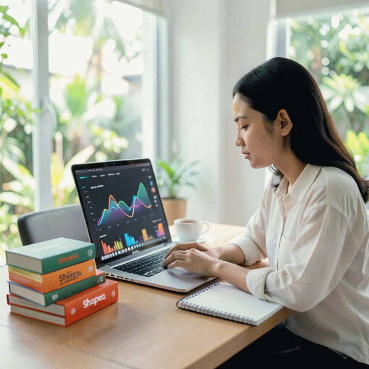 Seorang wanita muda Indonesia bekerja di kantor modern, menggunakan laptop yang menampilkan data analitik abstrak, dikelilingi oleh produk-produk Shopee, menunjukkan kesuksesan dalam bisnis afiliasi.