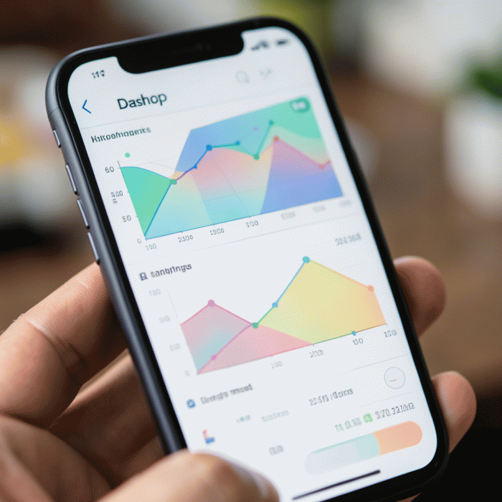 Tampilan dashboard analitik di smartphone yang menunjukkan tren dan potensi komisi tinggi.