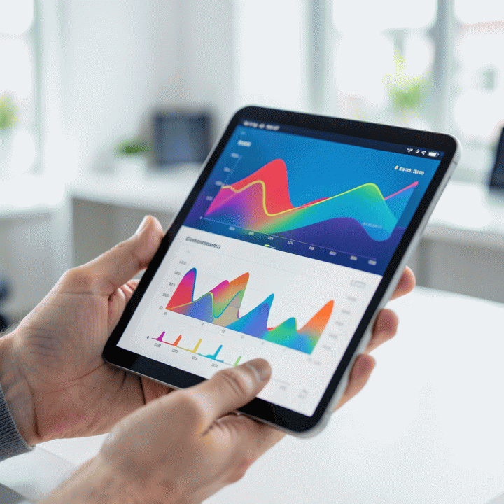 Tangan menganalisis data komisi dan penjualan di tablet yang modern.