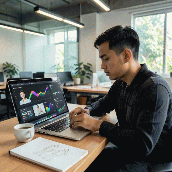 Seorang profesional muda Indonesia yang fokus menganalisis data e-commerce di laptop di co-working space modern.