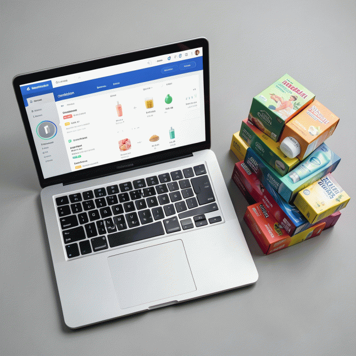 Tampilan dashboard analitik e-commerce di laptop dengan produk-produk laris di sekitarnya.