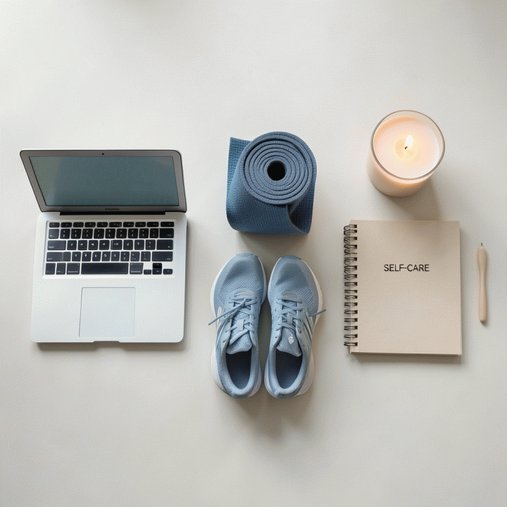 Foto flat lay yang menampilkan persiapan agenda harian holistik dengan tiga pilar utama: pekerjaan, kesehatan fisik, dan waktu perawatan diri.