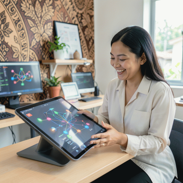 Seorang guru Indonesia berinteraksi dengan tablet digital di kelas modern, menunjukkan penggunaan teknologi AI untuk merancang kurikulum yang interaktif dan menyenangkan.