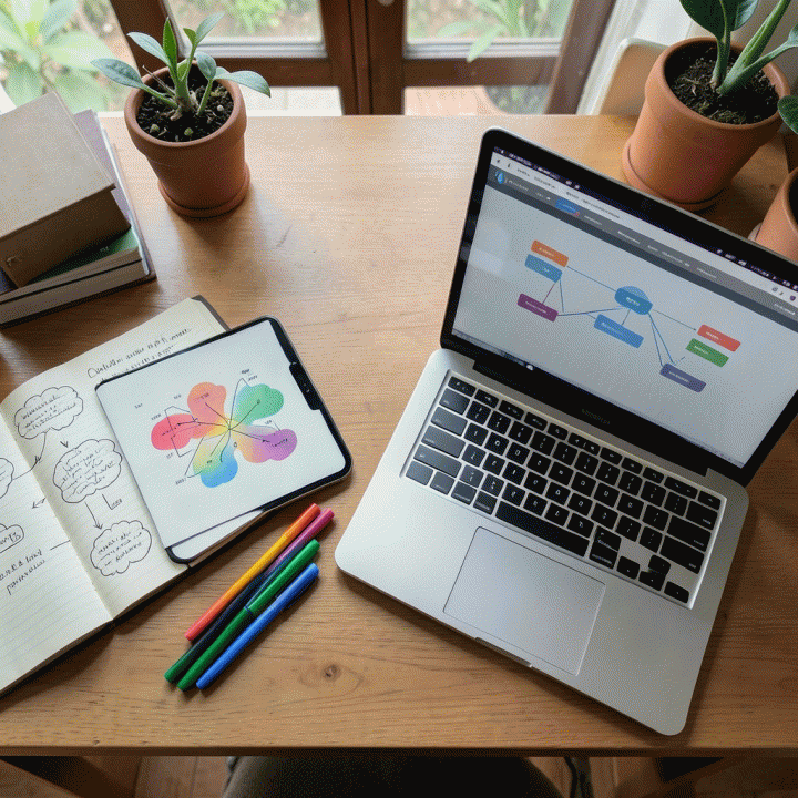 Tampilan meja kerja guru yang rapi dengan alat bantu belajar dan tablet yang menampilkan alur kurikulum yang terstruktur, menunjukkan perencanaan pembelajaran yang efisien.