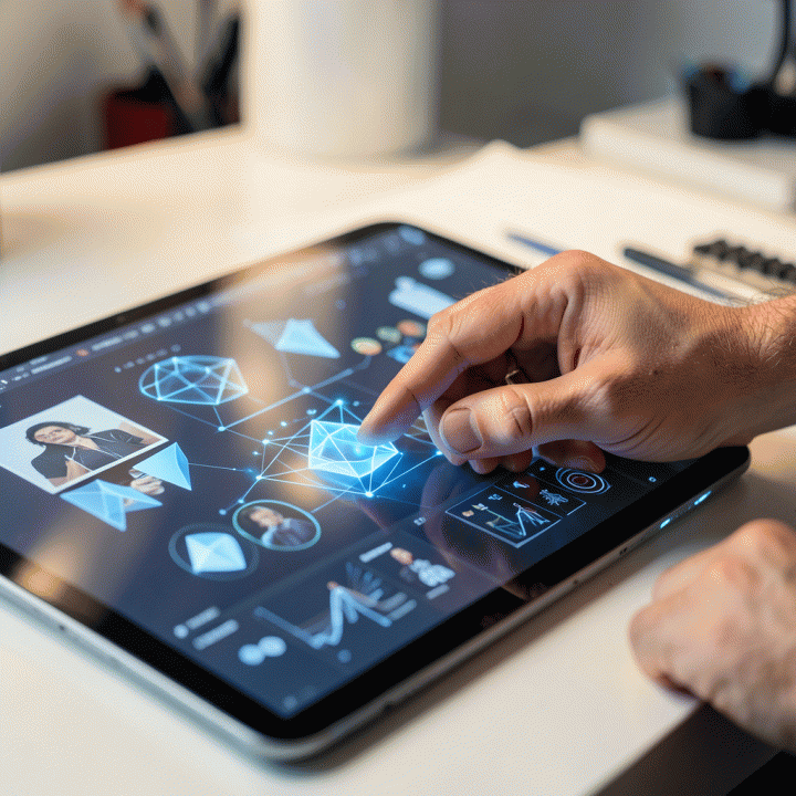 Tangan seorang desainer digital yang berinteraksi dengan aset visual abstrak bercahaya di tablet, melambangkan pembuatan aset desain yang cepat menggunakan AI.