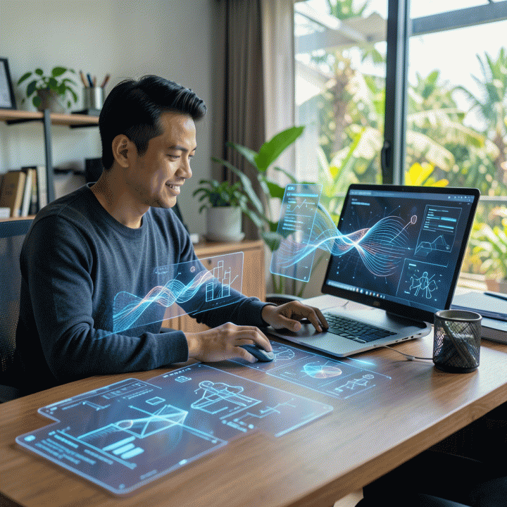Ilustrasi futuristik seorang content creator di ruang kerja modern Indonesia yang berinteraksi dengan antarmuka AI holografik, menunjukkan kolaborasi antara manusia dan teknologi dalam alur kerja desain.