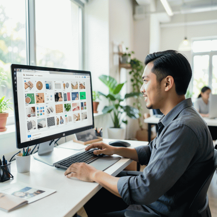 Seorang digital seller tersenyum puas di co-working space, melihat monitor yang menampilkan galeri aset digital siap pakai yang sangat beragam, menunjukkan kemudahan produksi massal.