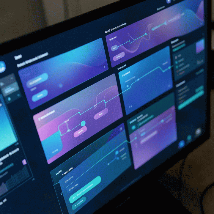 Tampilan antarmuka digital abstrak yang menunjukkan proses otomatisasi dan generasi aset web-native yang terstruktur, fokus pada alur kerja, bukan teks.