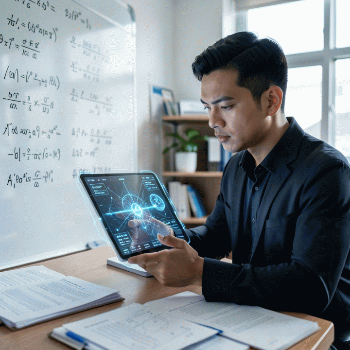 Seorang ahli matematika Indonesia yang fokus menggunakan bantuan antarmuka AI futuristik untuk menyelesaikan soal matematika yang rumit.