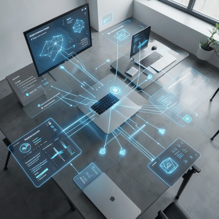 Abstract representation of AI-powered management systems for rental business operations, showing data streams and digital efficiency.