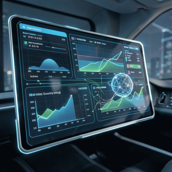 Futuristic dashboard interface illustrating AI-powered optimization of property rental business data and real-time asset management.