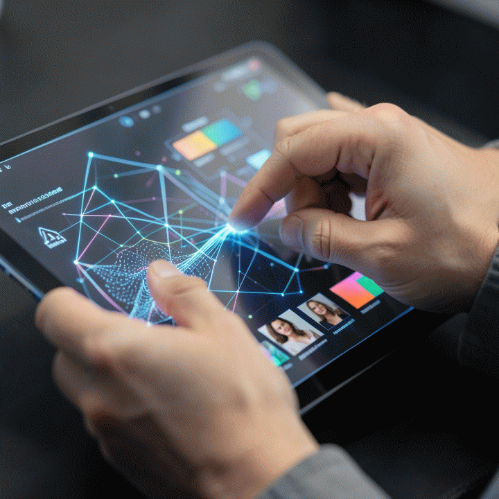 Tangan seorang pengguna berinteraksi dengan tablet AI yang menampilkan aset visual identitas merek yang abstrak dan kohesif.