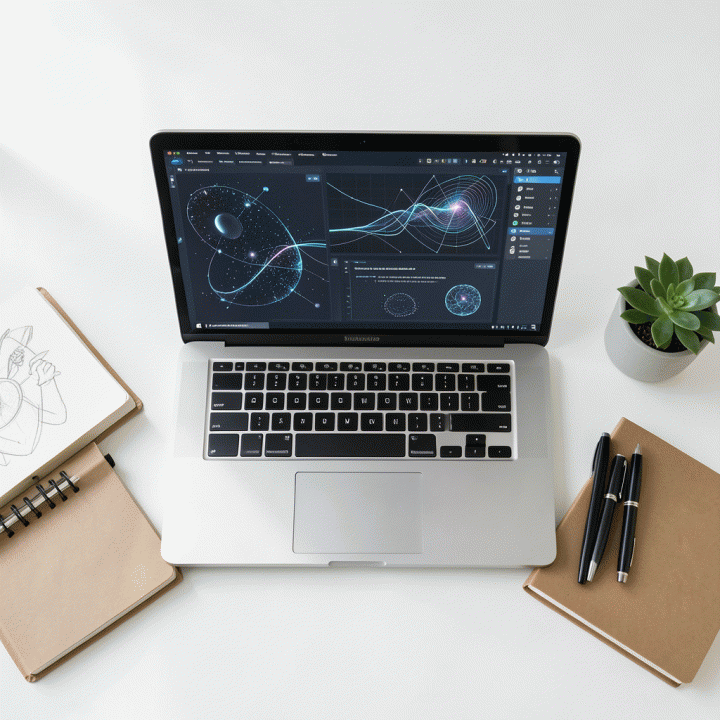 Tampilan atas (flat lay) meja kerja kreatif yang menggabungkan alat fisik dan laptop dengan antarmuka AI abstrak, menunjukkan efisiensi branding.