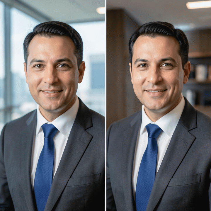 Comparison of a casual selfie transformed into a professional corporate portrait.