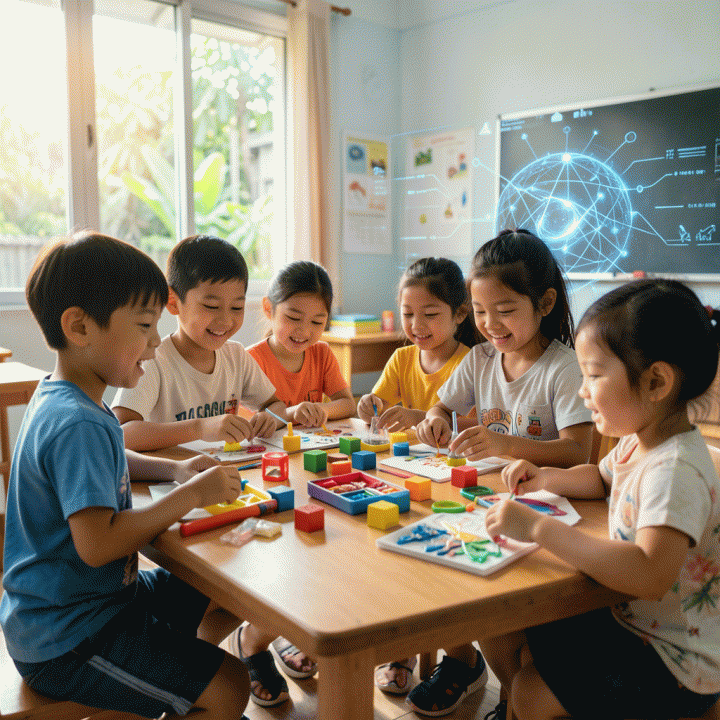 Kelas belajar anak Indonesia yang cerah dan modern, menunjukkan anak-anak yang antusias dan terlibat dalam aktivitas belajar interaktif yang didukung oleh visualisasi AI yang halus.
