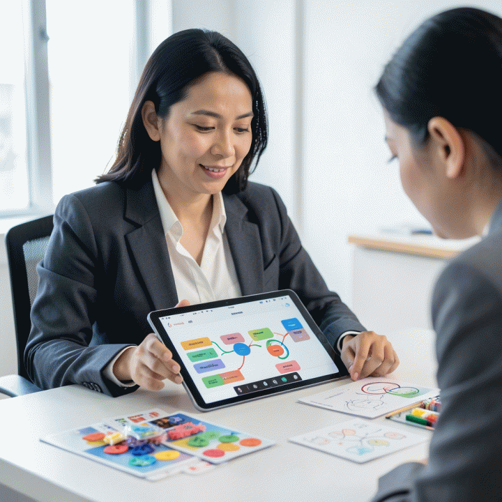 Guru Indonesia yang menggunakan tablet AI untuk merancang materi ajar yang menarik, menonjolkan efisiensi dan kualitas materi.