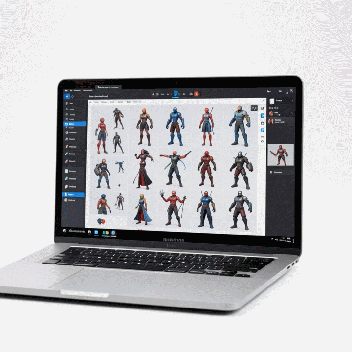 Digital artist using an AI character generator interface on a laptop to create consistent visual assets.