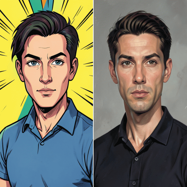 Comparison of two consistent AI character designs generated from the same source, highlighting identity consistency.